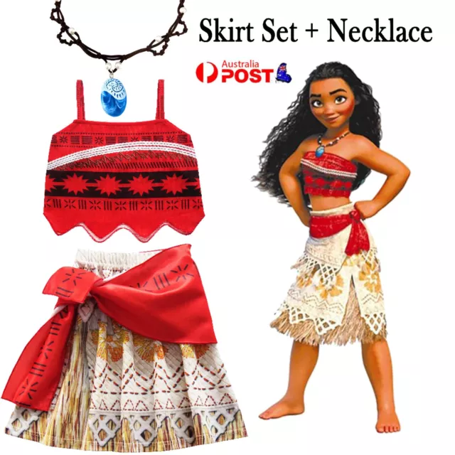 Kid Girls Moana Costume Hawaiian Princess Party Fancy Cosplay Dress&Necklace Set