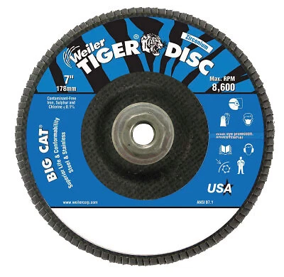 Tiger Big Cat High Density Flap Disc, 7 In, 40 Grit, 5/8 In-11 Unc Arbor, 8,600