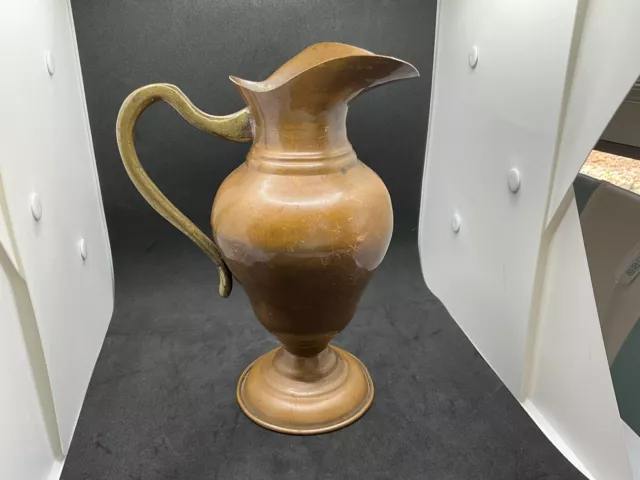 Antique Copper Pitcher Brass Handle, Hand Made, Country Or Holiday Decor
