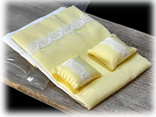 Dollhouse Miniature Bedspread Sheet 2 Pillows Butter Yellow w Lace Trim Bedding