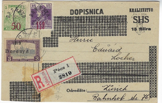 Ungarn Serbien Baranya Besatzung 1920 registrierte aktualisierte Karte für die Schweiz