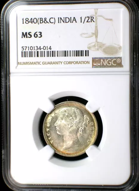 British India East India Company 1840 B&C 1/2 Rupee *NGC MS-63* Scarce This Nice