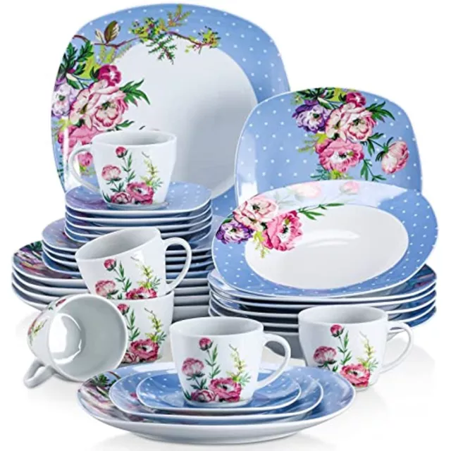VEWEET HANNAH Blue Dinner Set 30Pc Porcelain Plate Bowl Dining Set Service for 6