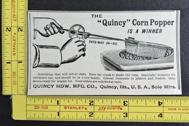 RARE Antique 1896 Ad - Quincy Hardware Mfg Co. Quincy IL Vtg Corn Popper