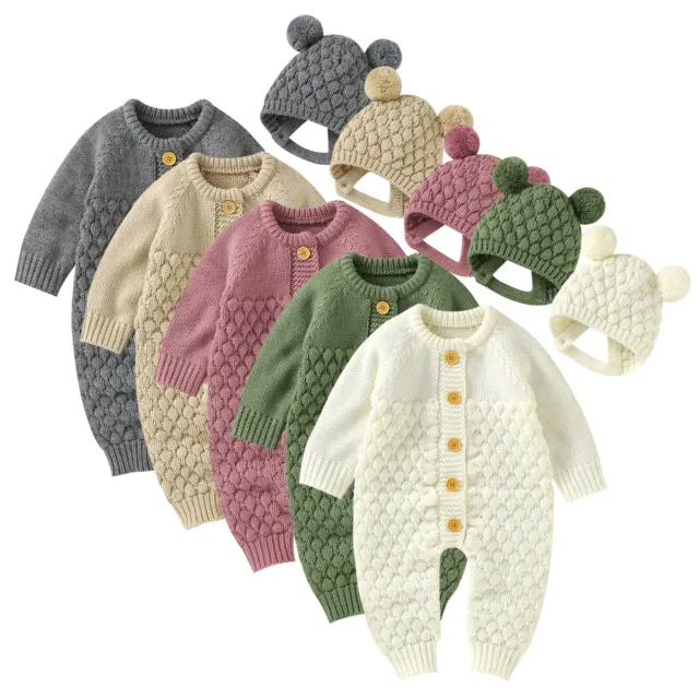 Baby Newborn Girl Boy Cotton Knitted Sweater Romper Jumpsuit Outfits Hat Set