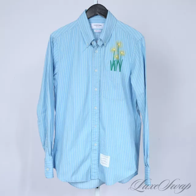 #1 MENSWEAR Thom Browne Blue Pinstripe Embroidered Floral Button Down Shirt 3 NR