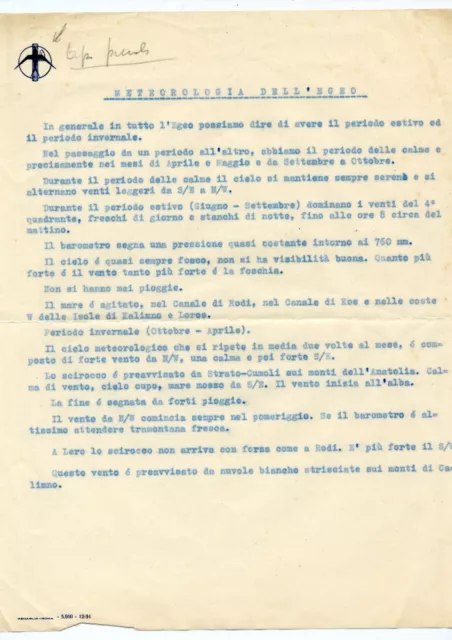 AERONAUTICA MILITARE Dell'EGEO-RODI Grecia-BOLLETTINO METEREOLOGICO 1934c