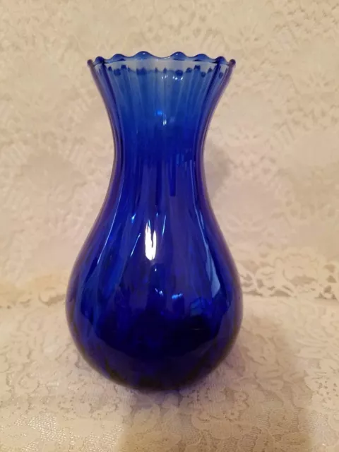 Vintage Cobalt Blue Vase Textured Scalloped Edge 6"