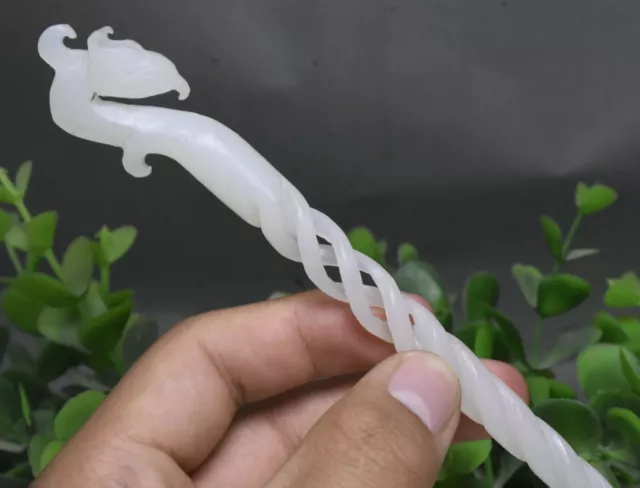 23CM Old China Nephrite Hetian White Jade Dynasty Carved Phoenix Bird Hairpin 3