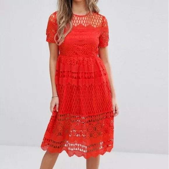 Orange Lace Laser Cut Midi Dress SIZE 6 Boohoo Boutique