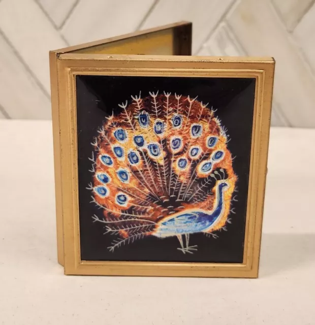 Brass Compact Picture Holder Case 2.5x2.75 Hinged Foil Glitter Peacock RARE