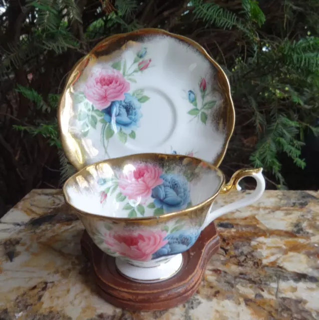 Royal Albert England Pink And Blue Roses Heavy Gold Trim Tea Cup And Saucer