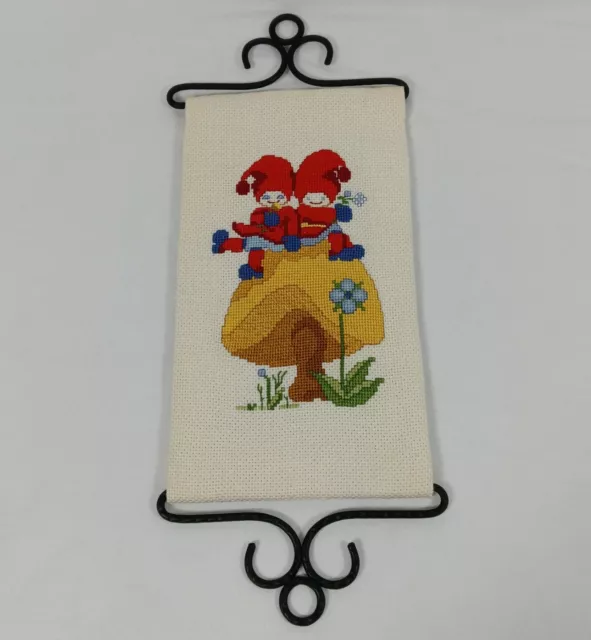 Vintage Cross Stitched Wall Hanger Handmade 8x4 Mushroom Elves Dwarves