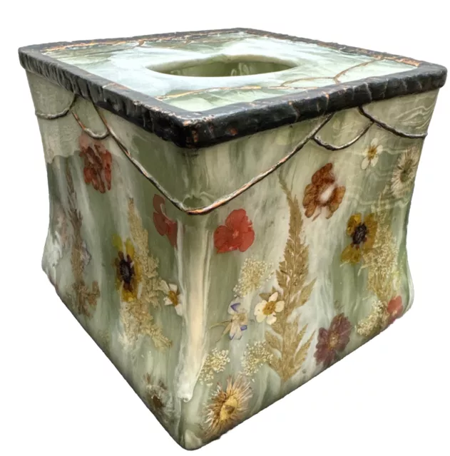 India Ink Lucite Dried Pressed Flowers Tissue Box Cover Floral Fields Boho Green