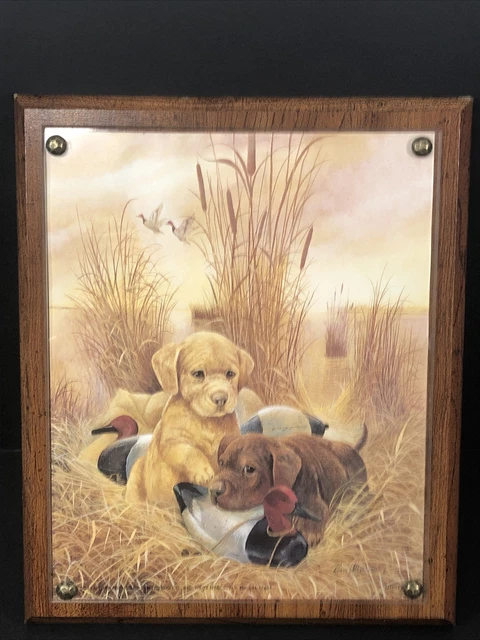 Vtg Ruane Manning Hunting Dogs On Wood Under Plexiglass Nature Cabin Wall Art