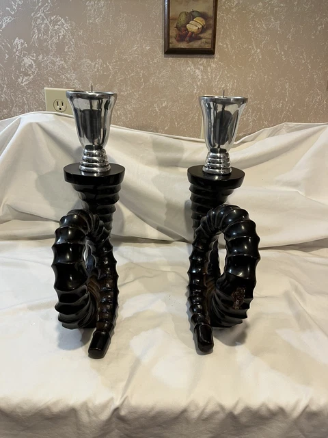 Vintage MCM Mid Century Modern Ram Horn Style Candlesticks Wooden/Metal