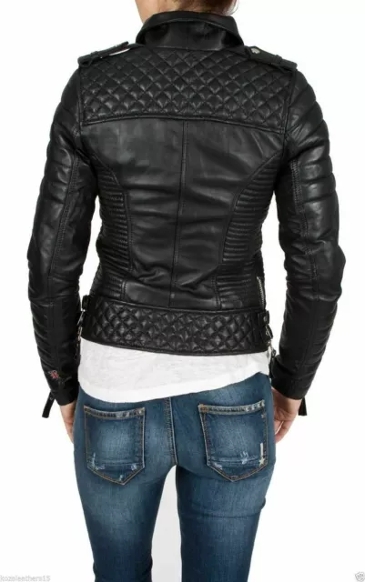 Women's Black Moto Style Real Genuine Lambskin Quilted Slim fit Biker Jacket 3