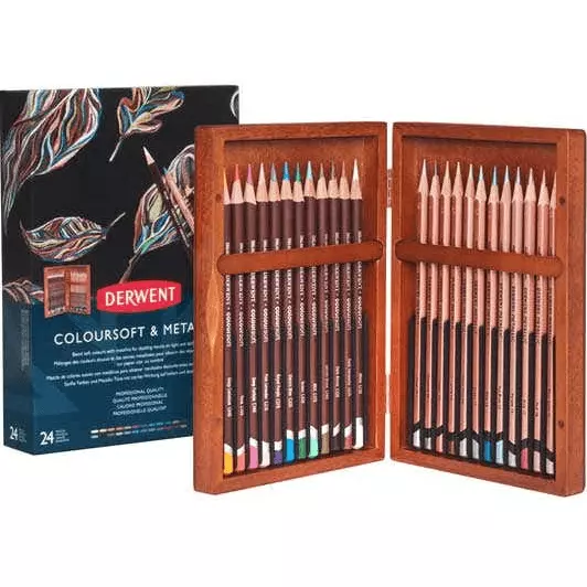 NEW Derwent 24 Coloursoft & Metallic Coloured Pencils Artists Wooden Box Set