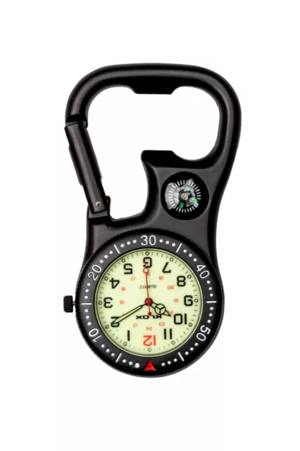 Black Clip-On Carabiner Luminous Face FOB Watch for Doctors Nurses Paramedics