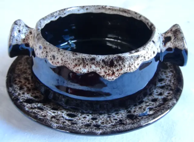 Vintage Brown Lava Drip Glaze Pottery Handled Soup Bowl & Side Plate