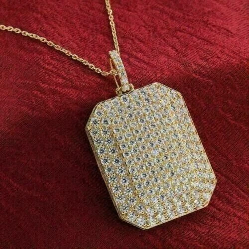 3 Ct Round Lab Created Moissanite Dog Tag Hip Hop Pendant 14K Yellow Gold Plated