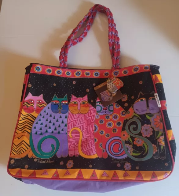 LAUREL BURCH Tote Bag Beach Bag 5 Cats Multicolor Extra Large Canvas Zippered