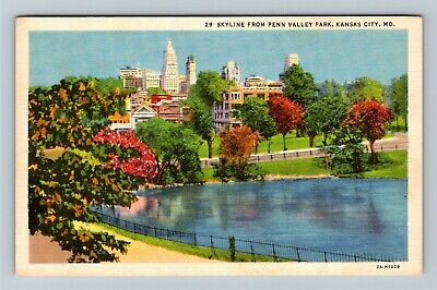 Kansas City MO- Missouri Skyline From Penn Valley Park Aerial Vintage Postcard