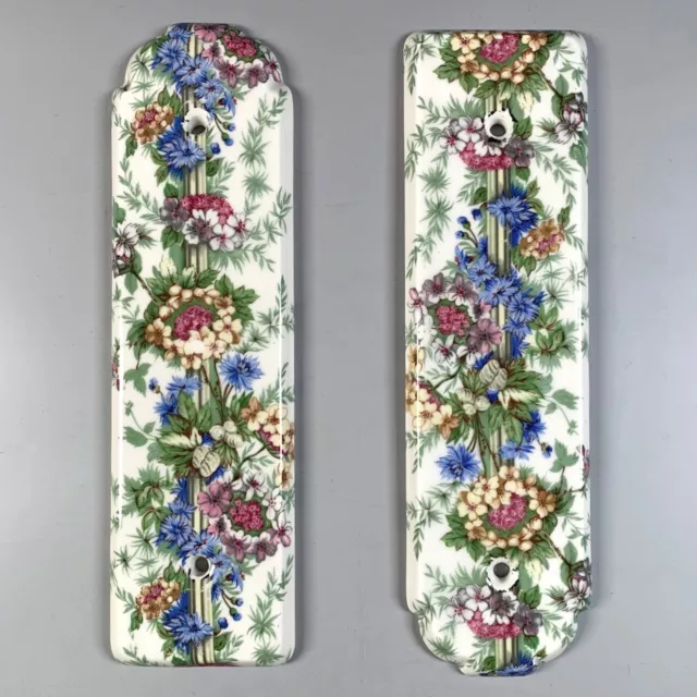 Pair of Vintage French Porcelain Door Push Finger Plates Flowers Signed Paris