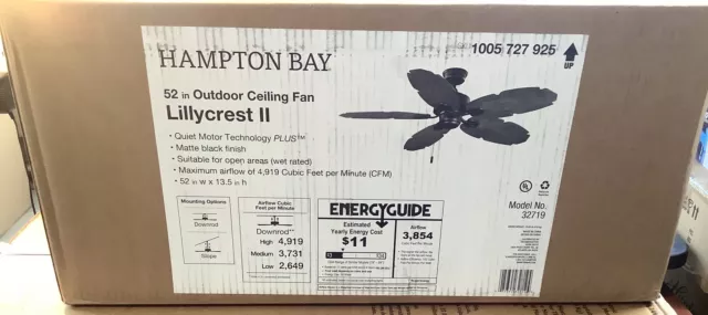 NEW SEALED Hampton Bay Lillycrest II 52” Matte Black Ceiling Fan Bin45