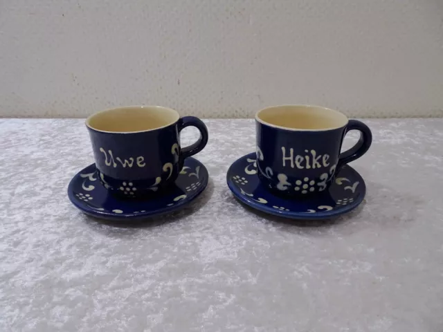 2 x Keramik Tasse Heike & Uwe - Blau / Weiß Landhaus-Stil - Handgefertigt