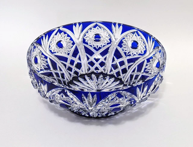 Cobalt Blue Cut to Clear Crystal Centerpiece Bowl 9" D Bohemian Czech Glass Cobalt Blue Cut to Clear Crystal Centerpiece Bowl 9" D Bohemian Czech Glass