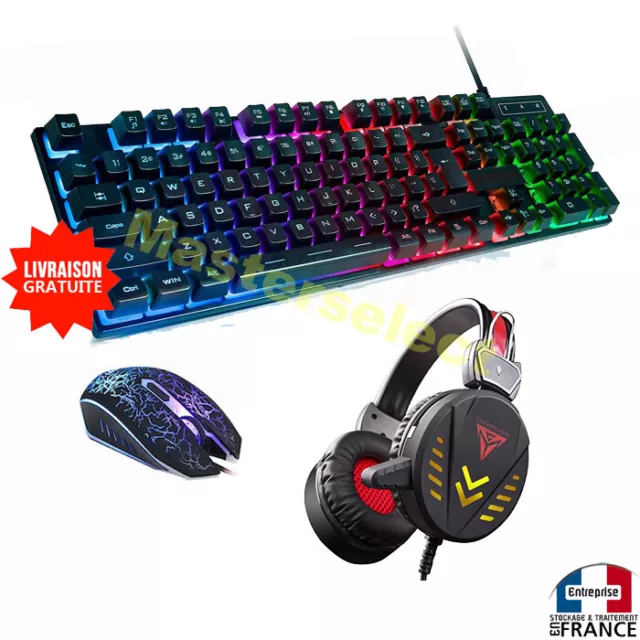 Clavier + Casque + souris gamer filaire avec éclairage pour ordinateur pc AZERTY