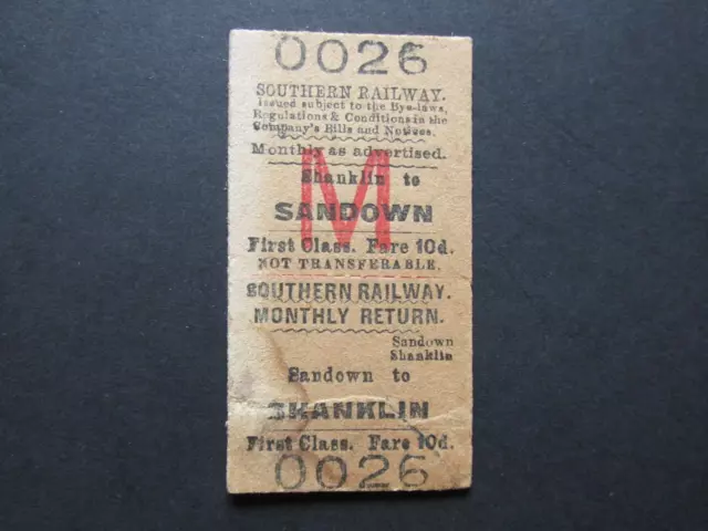 Railway Ticket: Southern Sandown to Shanklin Monthly Return