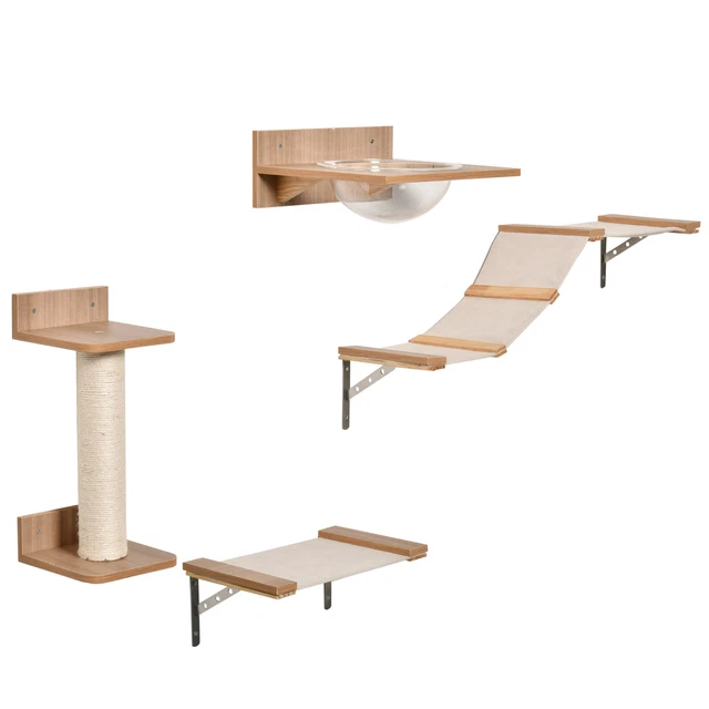 PawHut Tiragraffi per Gatti da Parete Set 4 Pezzi in Legno e Sisal Marrone