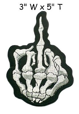 SKELETON MIDDLE FINGER PATCH BLACK & WHITE Embroidered Iron-on Applique