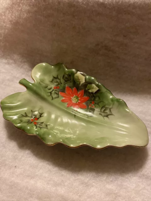 Lefton Poinsettia Holly Leaf Shaped Dish Limited Edition Hand Painted Gold Trim