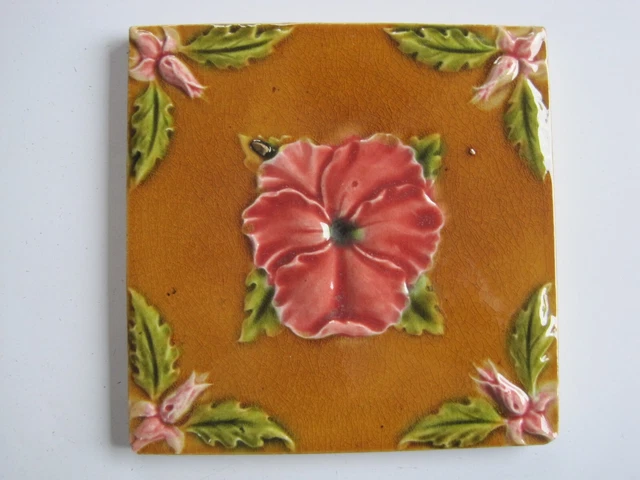 ANTIQUE RELIEF MOULDED & MAJOLICA GLAZED ART NOUVEAU TILE - H. RICHARDS - c1903