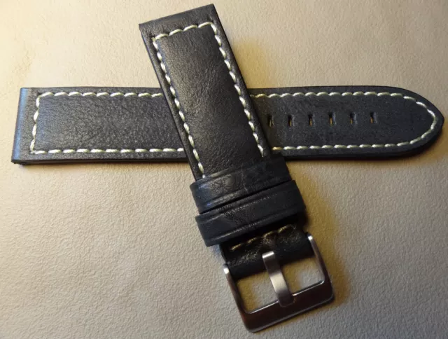 Vera Pelle Nero Alto Contrasto Bianco Cucitura 22mm Smartwatch Cinturino