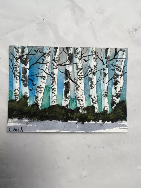 Watercolor ACEO Original Painting 2.5x3.5 Abstract Sky Birch Trees
