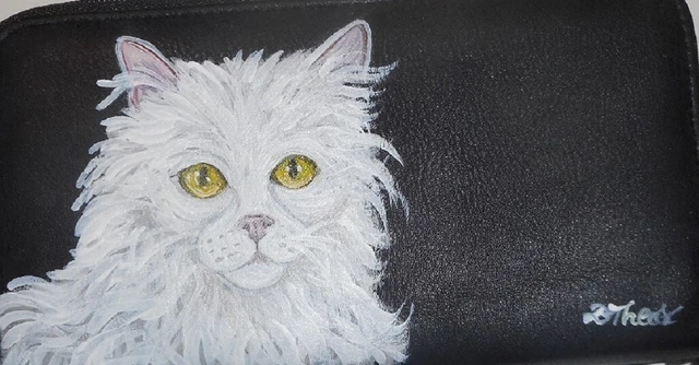 Turkish Angora Cat Checkbook Cover Custom Painted Leather