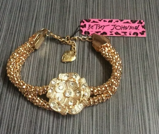 Betsey Johnson Designer Rose Gold Metallic Crystal Flowered Bracelet New Beauty!