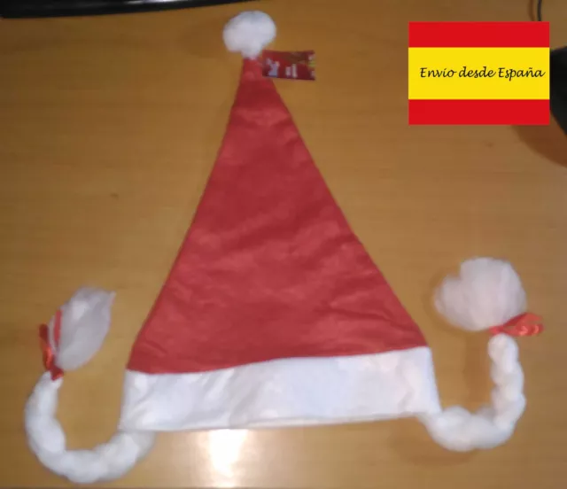 Lote 12 unidades - GORRO DE NAVIDAD CON TRENZAS 25 cms PAPA NOEL