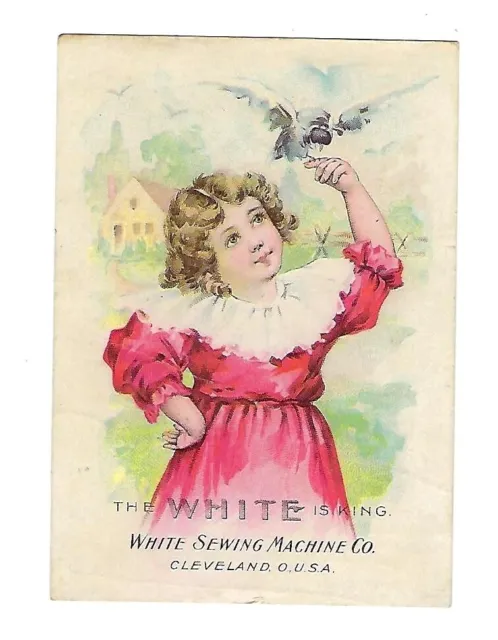 c1890 Victorian Trade Card White Sewing Machine, Girl & Bird