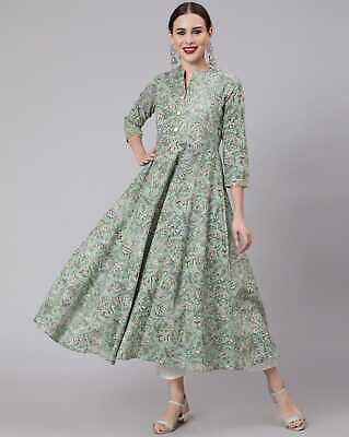 Indian Women Green Floral Print Anarkali Kurta Kurti Dress Top Tunic Pakistani