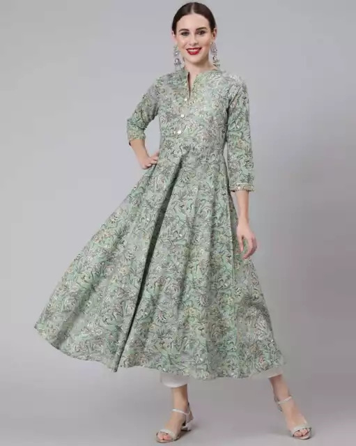 Indian Women Green Floral Print Anarkali Kurta Kurti Dress Top Tunic Pakistani