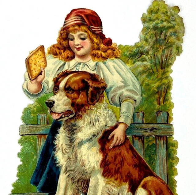 Large Embossed Die Cut Girl Giving her Big Dog A Treat by Picket Fence VTG