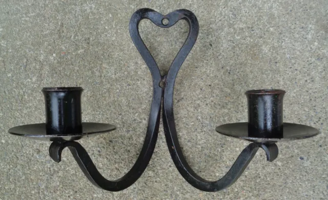 Vintage WROUGHT IRON Metal double CANDLESTICK HOLDER heart wall mount candle