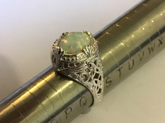 Anello Opale Cabochon Solitario Art Nouveau Argento Sterling Openwork R 9 Sposa