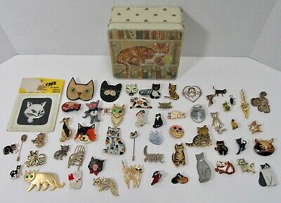 Vintage Lot Of Cat Pins - Great Collection - Wood, Enameled, Metal, And More!!