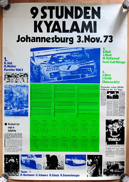 org. Porsche Poster "9 Stunden Kyalami" 1973 seltenes Dokumentations Plakat rare